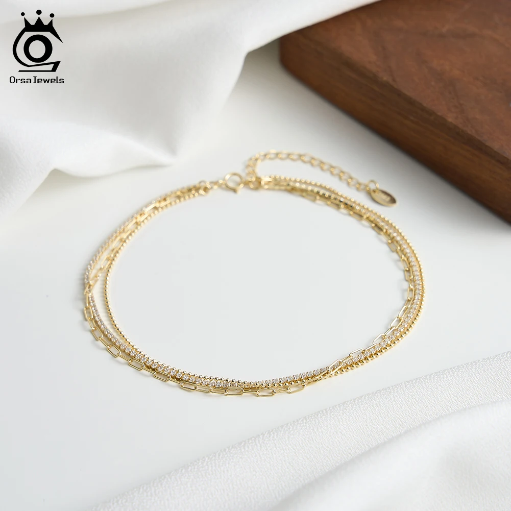 ORSA JEWELS Elegant Layered 925 Sterling Silver Chain Anklet for Women Summer Sexy Beach Foot Chain Ankle Straps Jewelry SA104