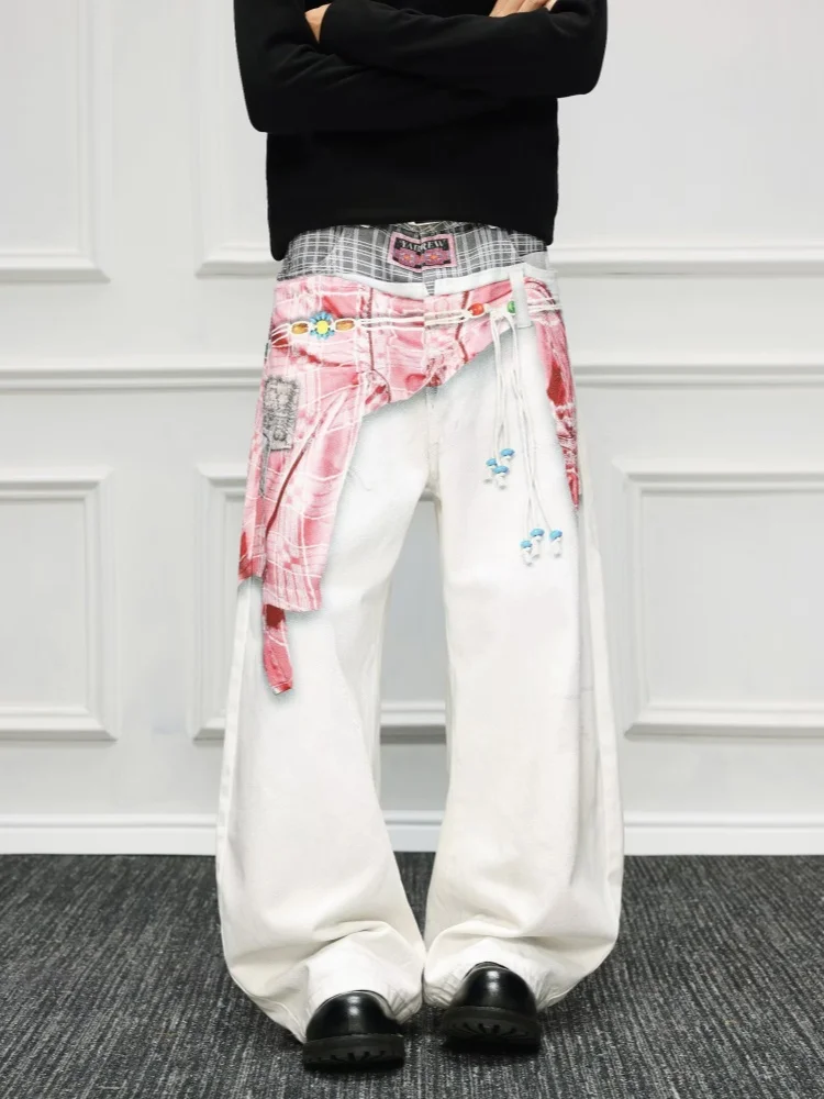2025 Cyber Y2K Style 3D Digital Printed White Baggy Jeans Pants For Men Clothing Straight Streetwear Long Trousers Ropa Hombre