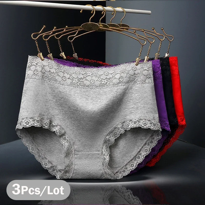 

3Pcs/Lot Women's Panties Lace Underwear for Female Cotton High Waist Briefs Plus Size Calcinha Lingeries Panty Ladies Underpant