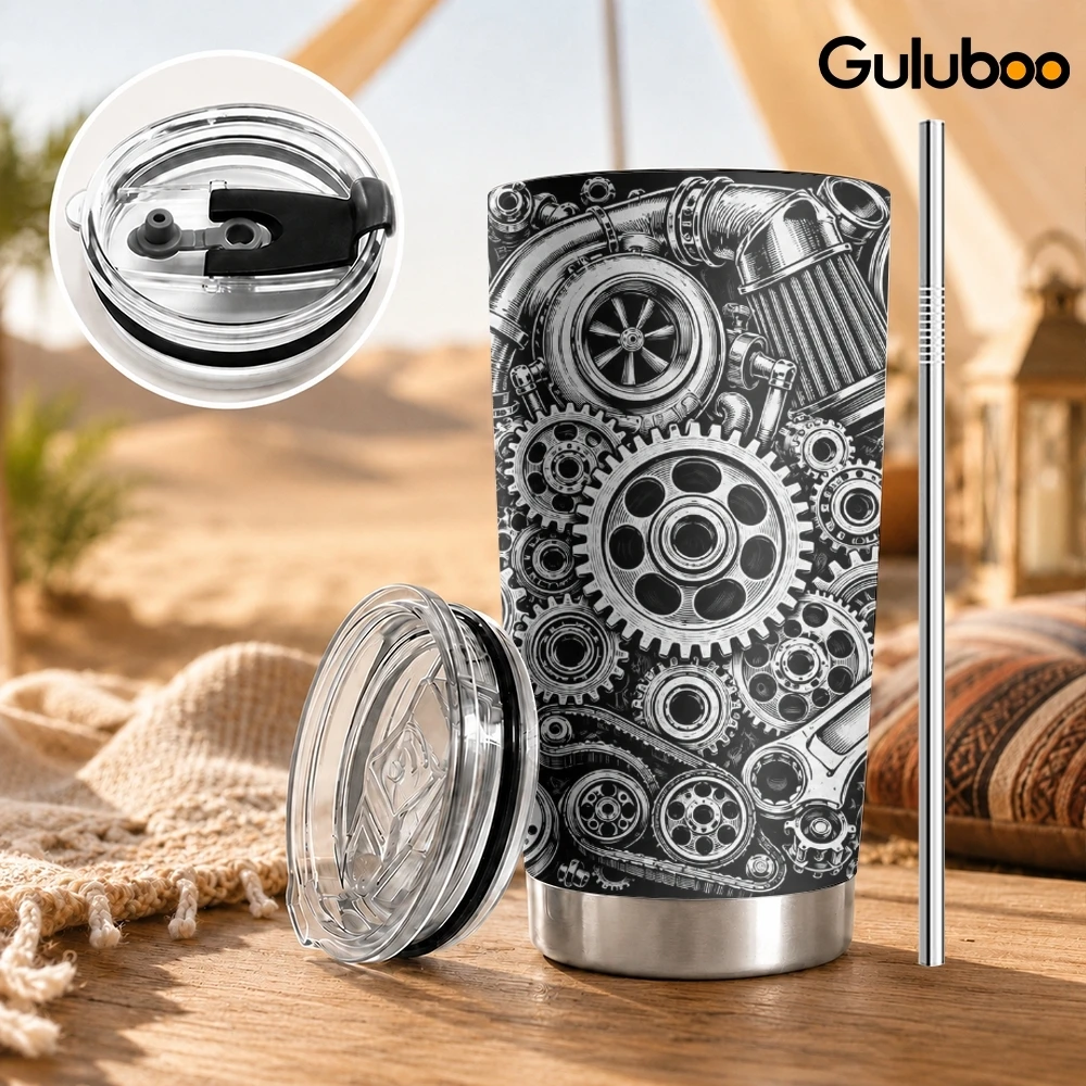 Mechanical Engine Design Vacuum Flasks 20oz Stainless Steel Travel Mug with 2 Lids & Reusable Straw Vacuum Insulated Coffee Cup