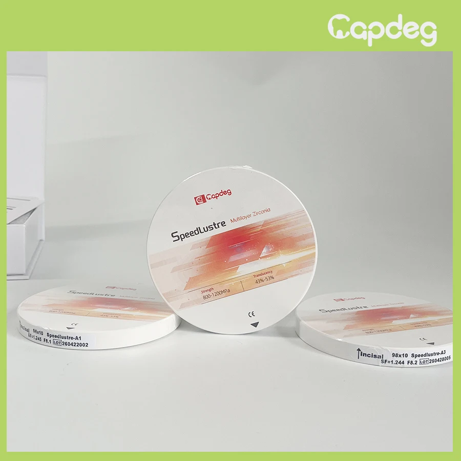 CapDeg SpeedLustre Dental Zirconia Block Multilayer 98*10mm Disc Zircon Fast Sintering 800-1200 MPa 43-53% Translucency
