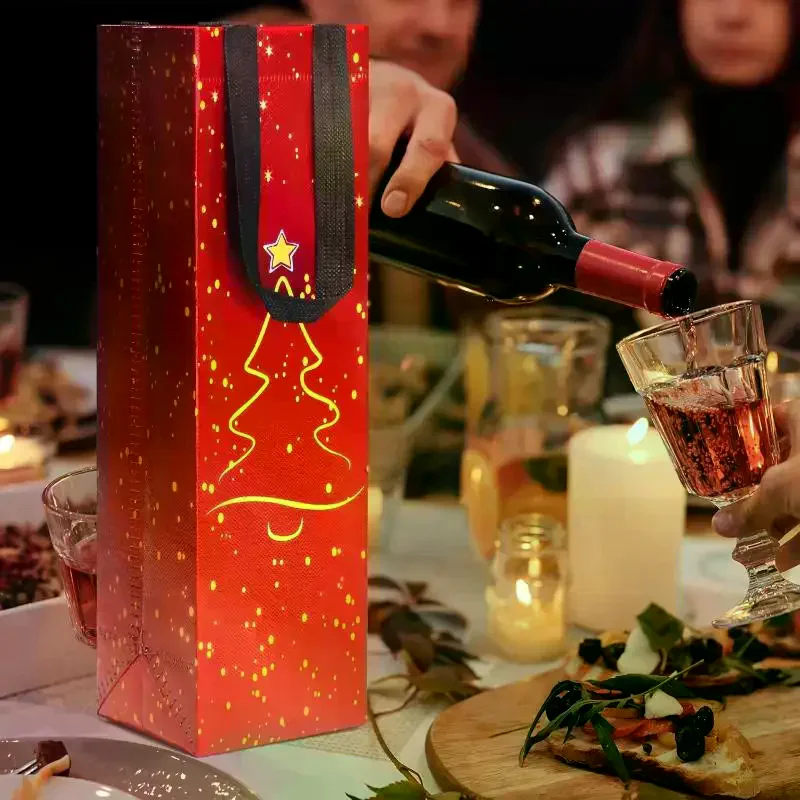 1Pcs Red Wine Bottle Gift Champagne Pouch Merry Christmas Wine Bags Glittering Non Woven Insulated Wine Bags For Christmas Party