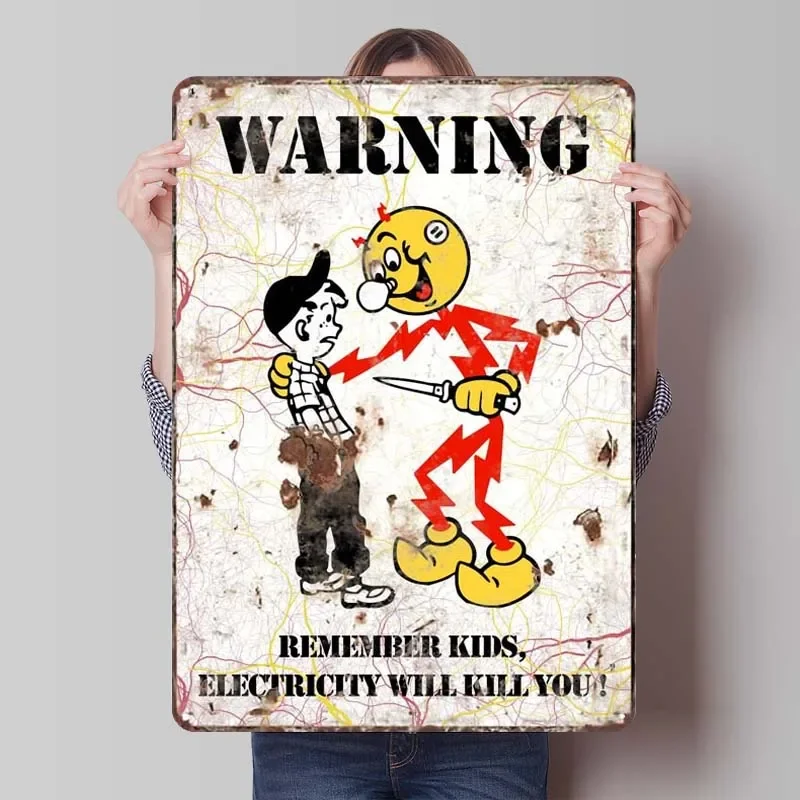 Reddy Kilowatt Warning Funny Rusty Metal Sign Gamer Room Decoration Vintage Tinplate Sign for Outdoor Fence Wall Art Decoration