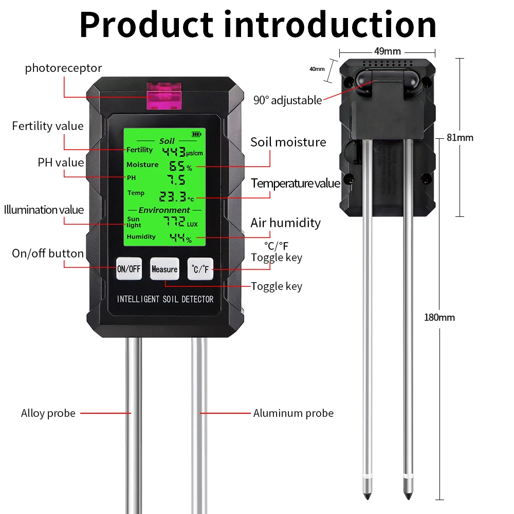 6 in 1 Soil Detector Soil Tester pH Temperature Humidity Sunlight Air Moisture Nutrient Fertility Meter Gardening Tool