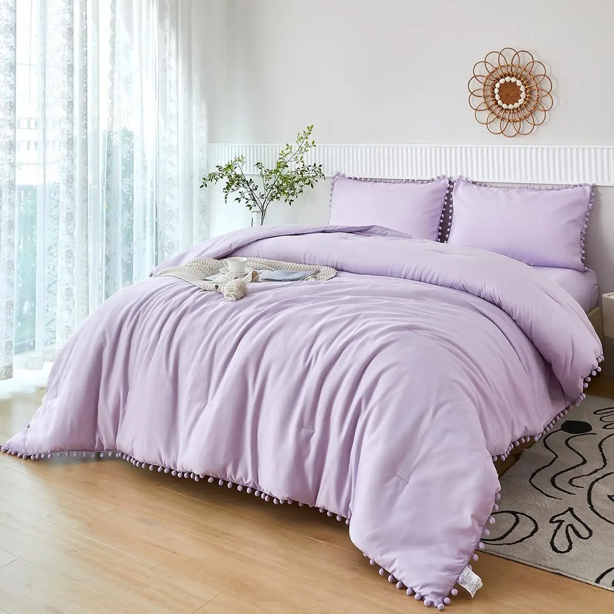 Conjunto de Edredom Boho Roxo Lavanda de 5 Peças com Pompons, Tamanho Twin, Roupa de Cama de Microfibra para Meninas