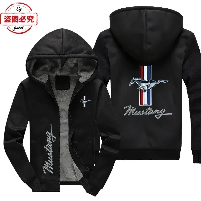 European Size Mustang Car Logo Printed Men's Fleece Winter Warm Zipper Hoodie Supercar Racing Suit Team Uniform Workwear