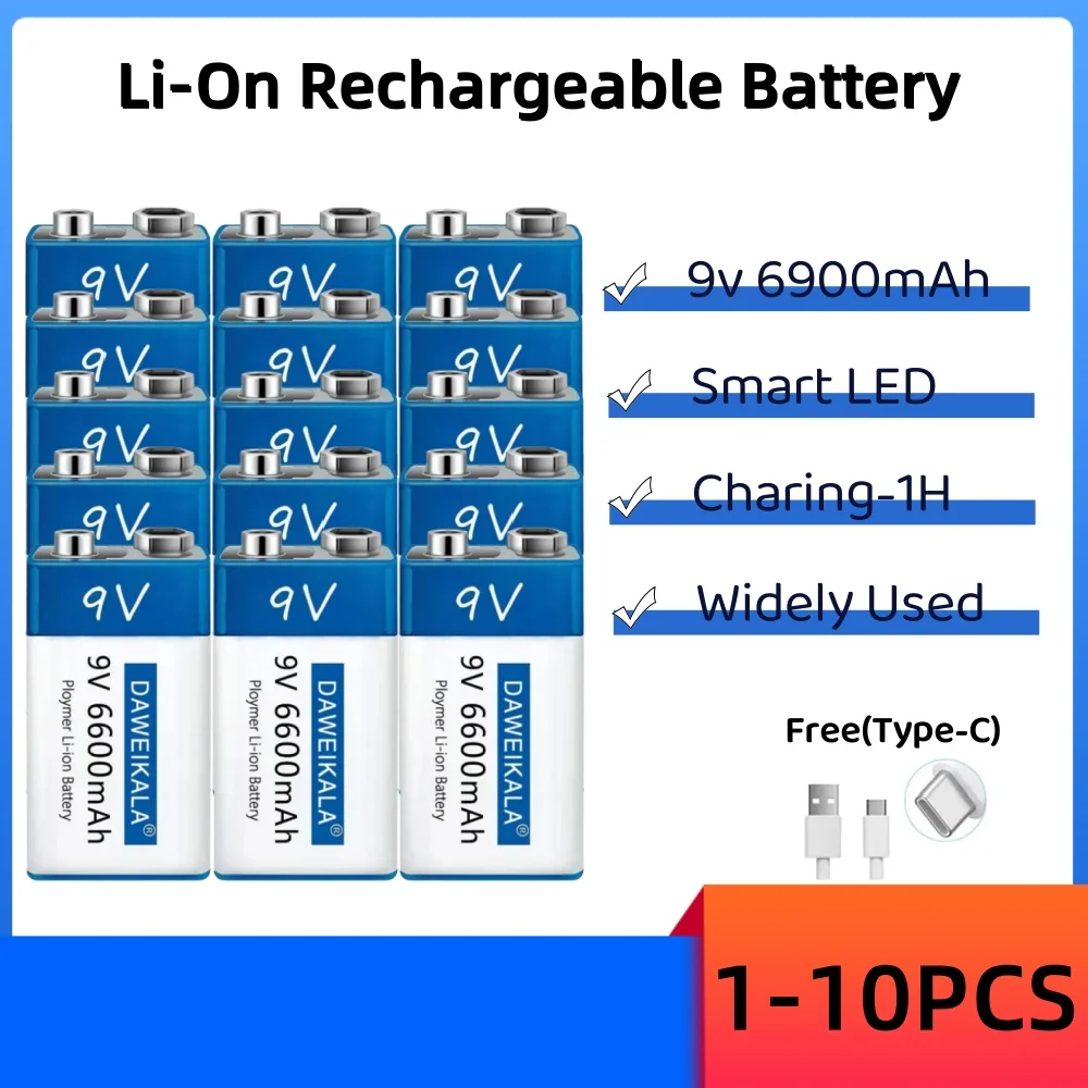 

New 9V 6600mah lithium ion fast rechargeable battery teyt-c Interface USB battery 9V multimeter lithium microphone Toy + cable