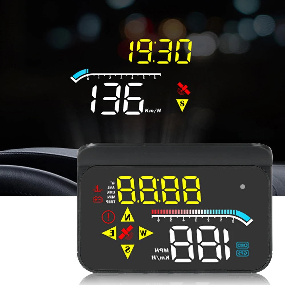 

Head Up Display OBD + GPS Speed Projector Security Alarm Voltage 3.5” RPM Overspeed M17 HUD Dual System Windshield Water temp