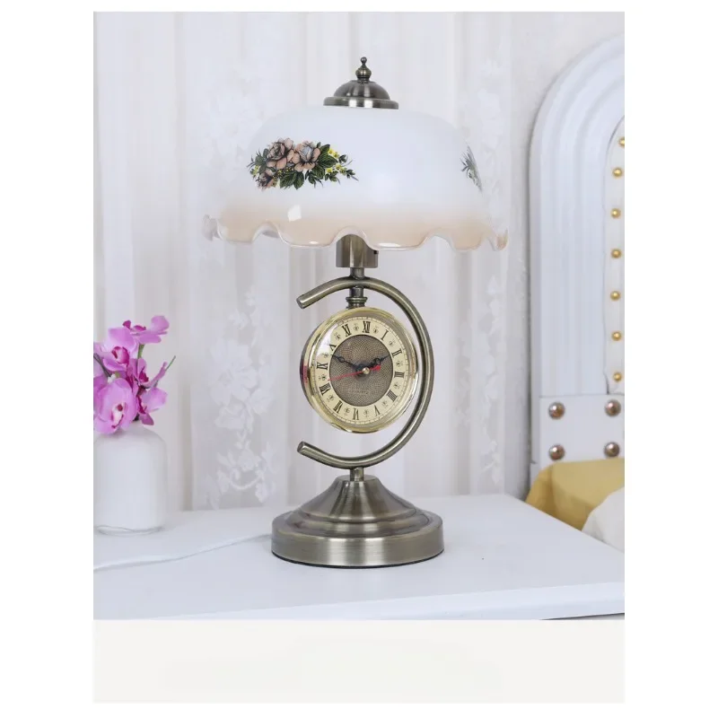European Retro Nostalgic Study Living Room Bedside Clock Desk Lamp