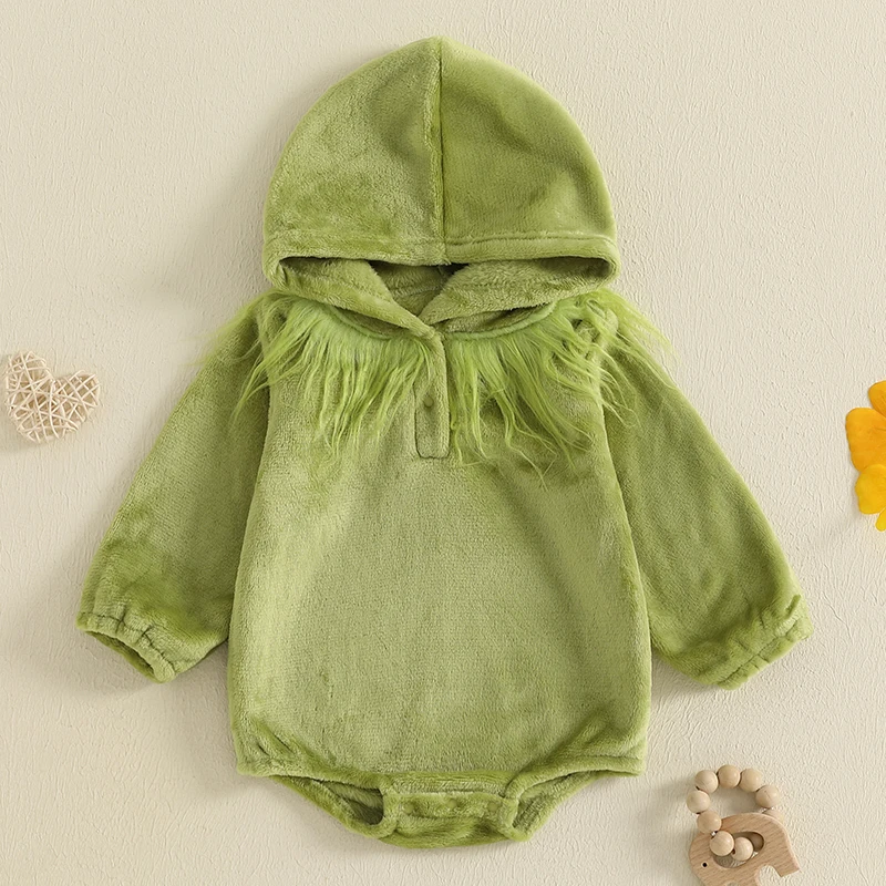 

Baby Christmas Boys Girls Romper Winter Long Sleeve Green Monster Fuzzy Romper Kid Jumpsuit Playsuit Newborn Clothes