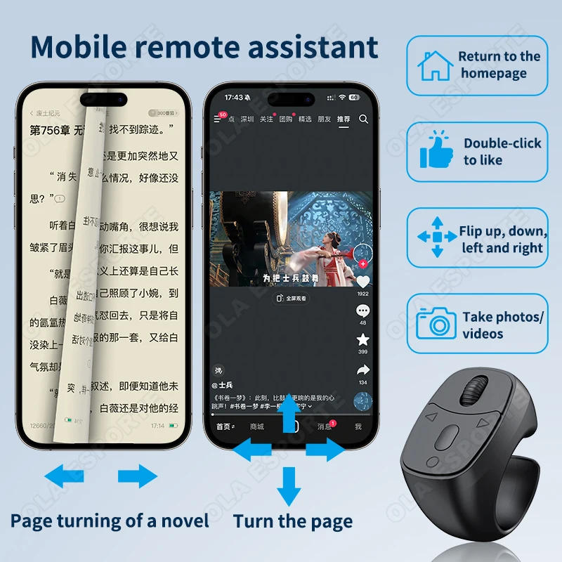 Wireless Bluetooth Phone Remote Control for Short Videos Photo Taking eBook Turning Fingertip Page Turner For Android IOS R12