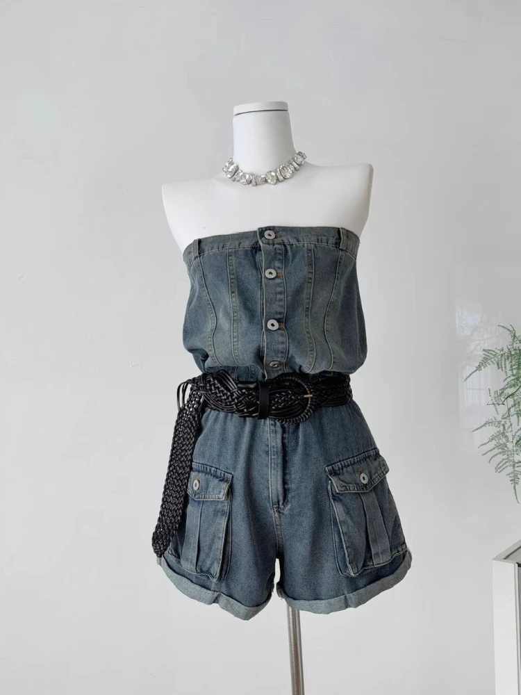 Retro summer new vintage American style strapless sleeveless fashion versatile shorts women high-end temperament jumpsuit