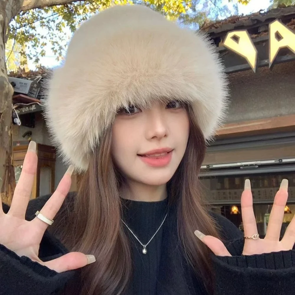 Winter Ladies Soft Plush Faux Fur Bucket Hat Thick Warm Furry Fisherman Cap Windproof Hat For Street Travel Cold Days Outfit