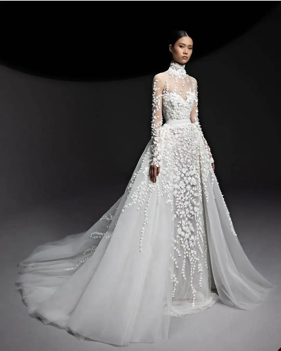 Tailored Mermaid Long Sleeve Wedding Dresses With Detachable Train Lace 3D Appliques High Neck Bridal Gowns Customized