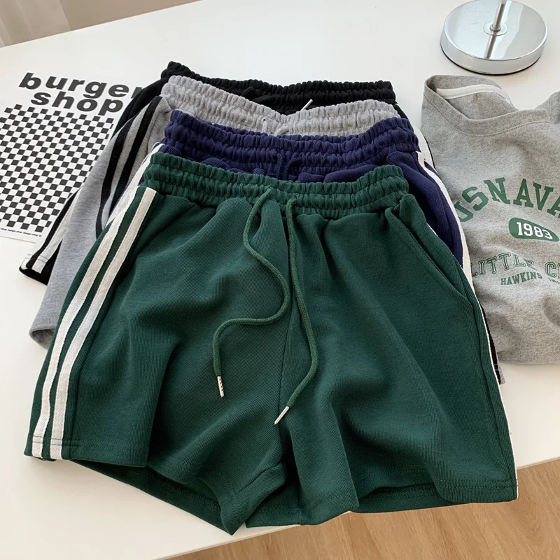 High Waist Sport Shorts Women's Loose Slimming Home Outdoor Wide Leg Casual Hot Pants Color Block White  College Style