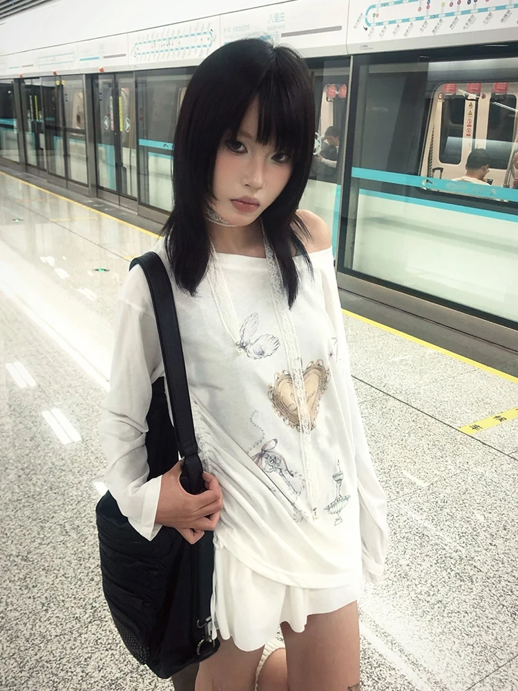 Tonngirls Harajuku Print T Shirt Women Casual Loose Print Graphic Tops Streetwear Y2k Vintage Tee Tops Korean Style Autumn Tops