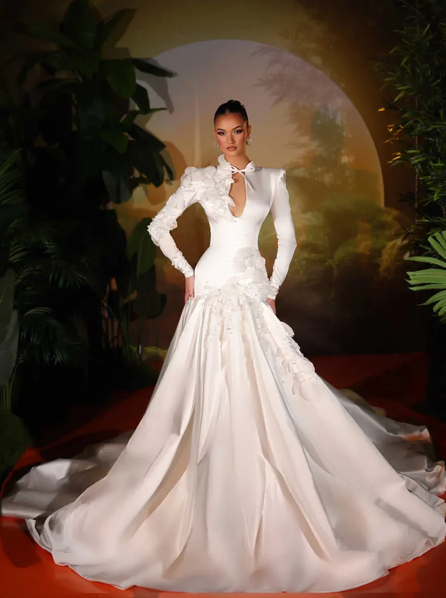 Customized High Collar Sparkly Pearls Flowers  Wedding Dress Vestidos De Novia Sweep Train  Elegant  Long Sleeves  Bridal Gown
