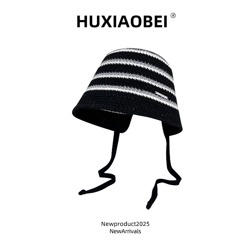 اليابانية بسيطة مخطط حزام واسعة حافة محبوك قبعة المرأة الربيع والخريف موضة في الهواء الطلق تنوعا الدافئة قبعات دلو عادية #3