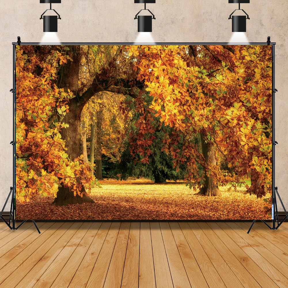 

Laeacco Autumn Scenic Backdrops Landscape Yellow Forest Maple Trees Leaves Road Photography Backgrounds Baby Portrait Photophone