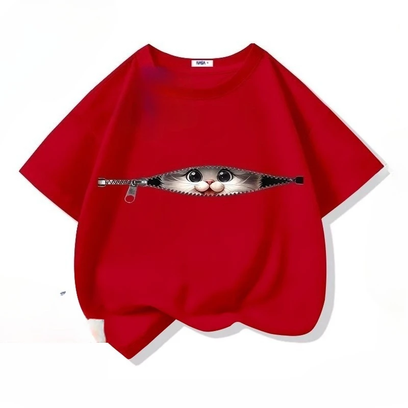 

Kids Short Sleeve Tshirt Cat Print Zipper Round Neck New Casual Clothes Girls Clothes Kids Clothes