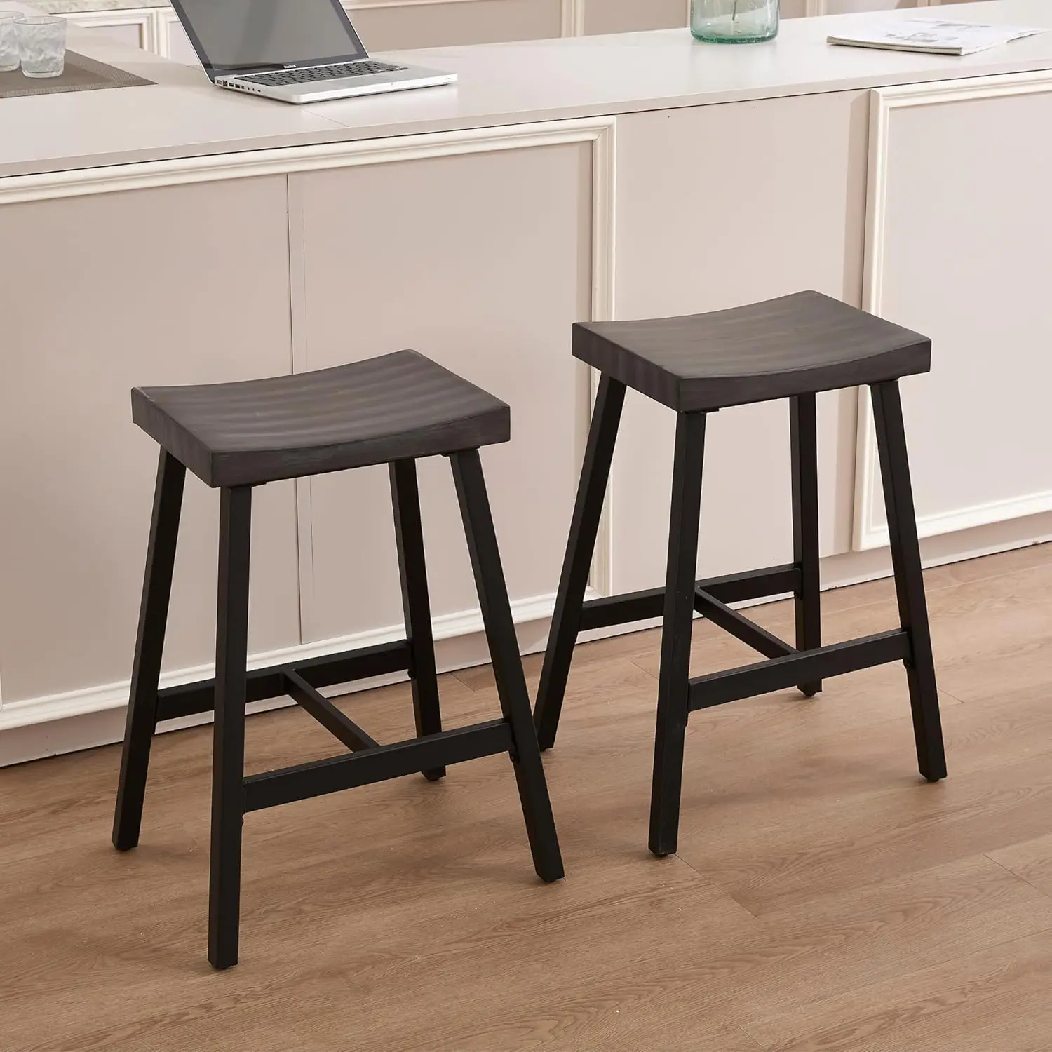 

26"" Bar Stools Set Of 2 Counter Height Stools With Metal Legs Backl Counter Stools Barchair For Kitchen Island/Cafe/Pub, Dark