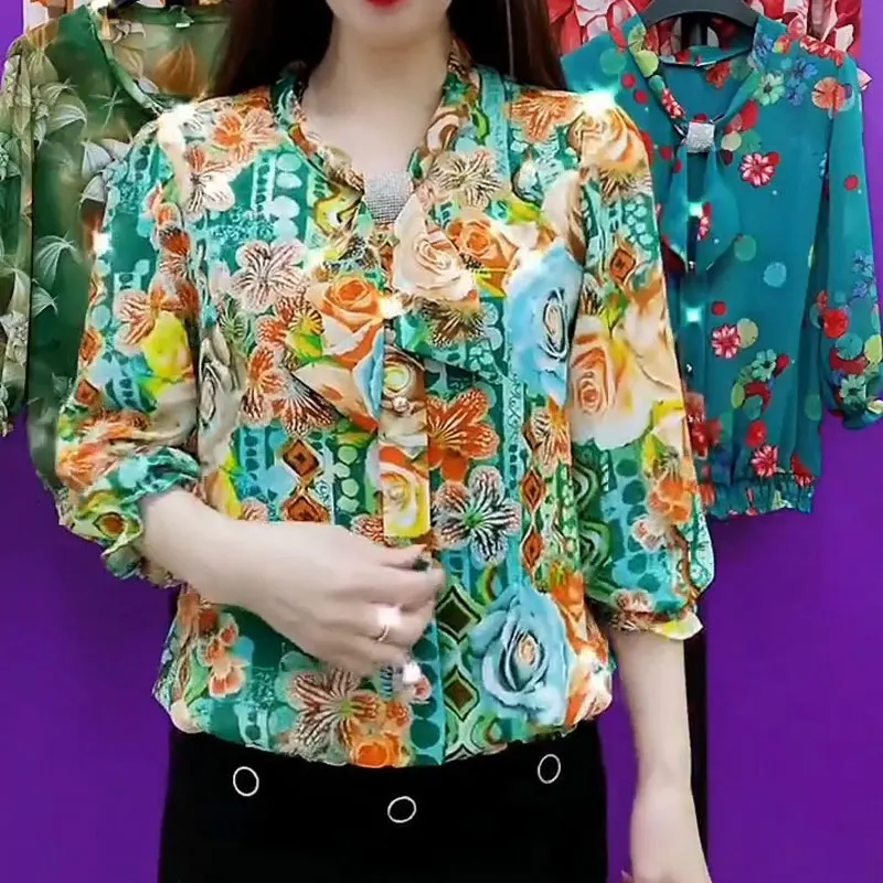 Vintage Floral Printed Paisley Blouse Casual V-Neck Bow Female Clothing Button Spring Summer 3/4 Sleeve Fashion Diamonds Shirt