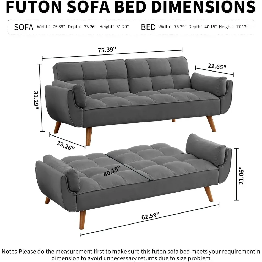 Convertible Futon Sofa Bed, Linen Sleeper Couch, 75