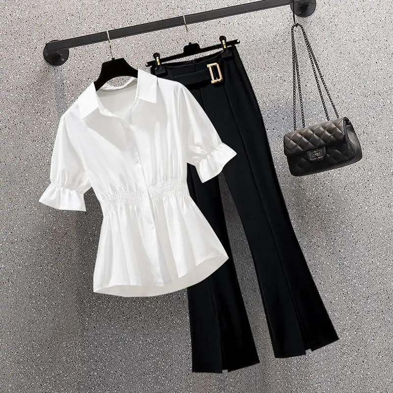 Large Women\'s Suit 2022 Summer New Fat Sister Fashionable Waist Closing Temperament Thin Chiffon Shirt Suit Pants Two Piece Set