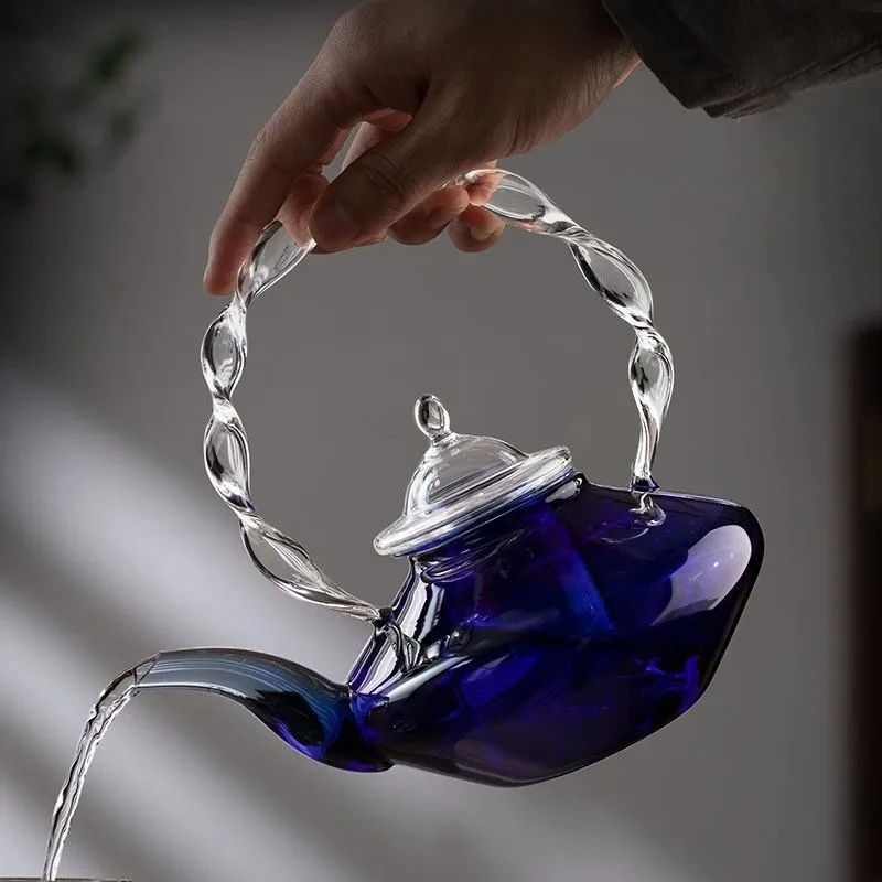 

Синий стеклянный чайник, чайная чашка, фильтр для чая, сетчатый стеклянный кофейник, термостойкий стеклянный горшок, бытовой кухонный чайник, изысканный