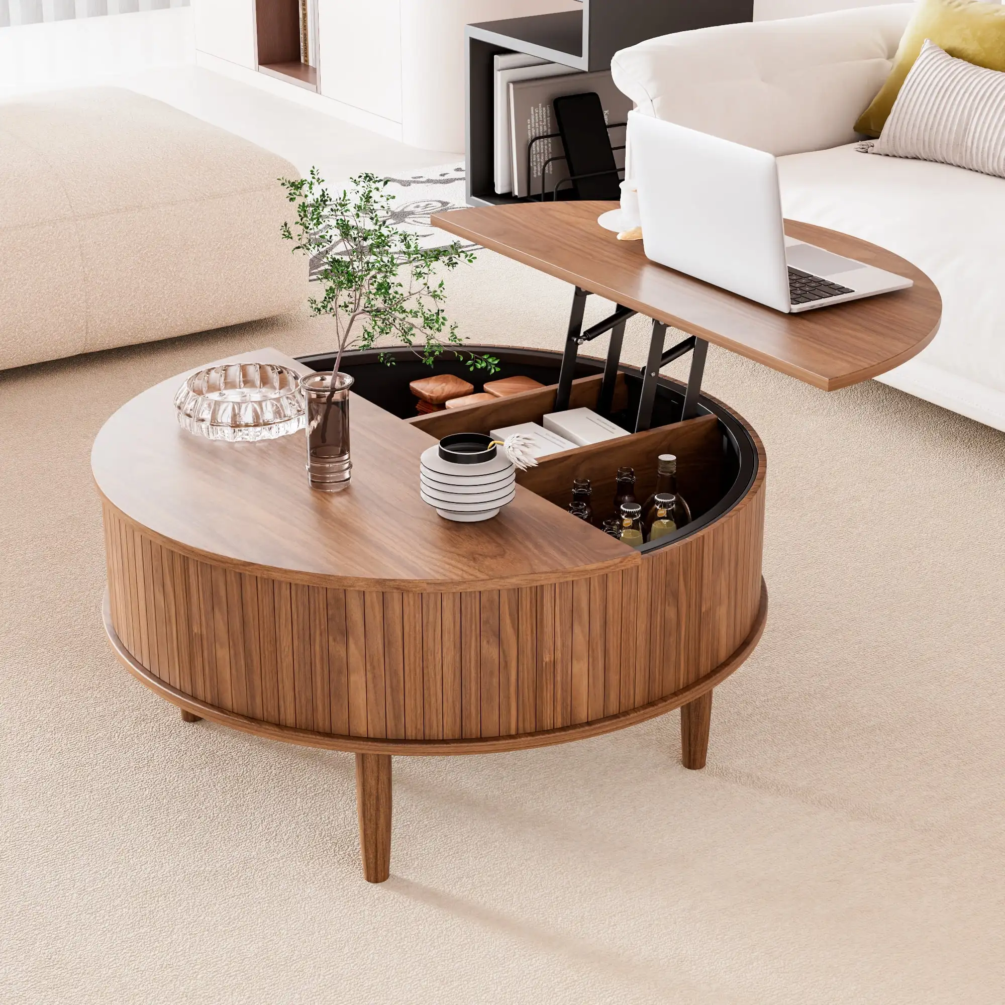 Round Lift Top Coffee Table with Storage, Center Table with Hidden Compartment, Circle Coffee Table for Living Room, Walnut