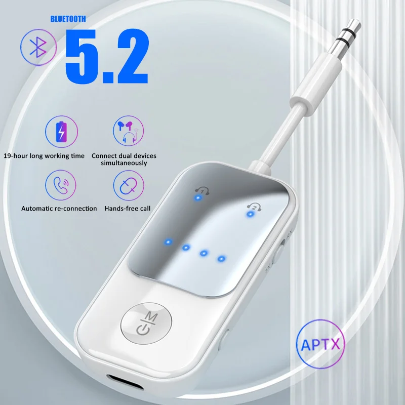 LED Bluetooth 5.2 Transmitter Receiver FM Modulator Transmitter 3.5MM AUX Type-C Multi-point Interface CD-Quality Hifi MusicAPTX