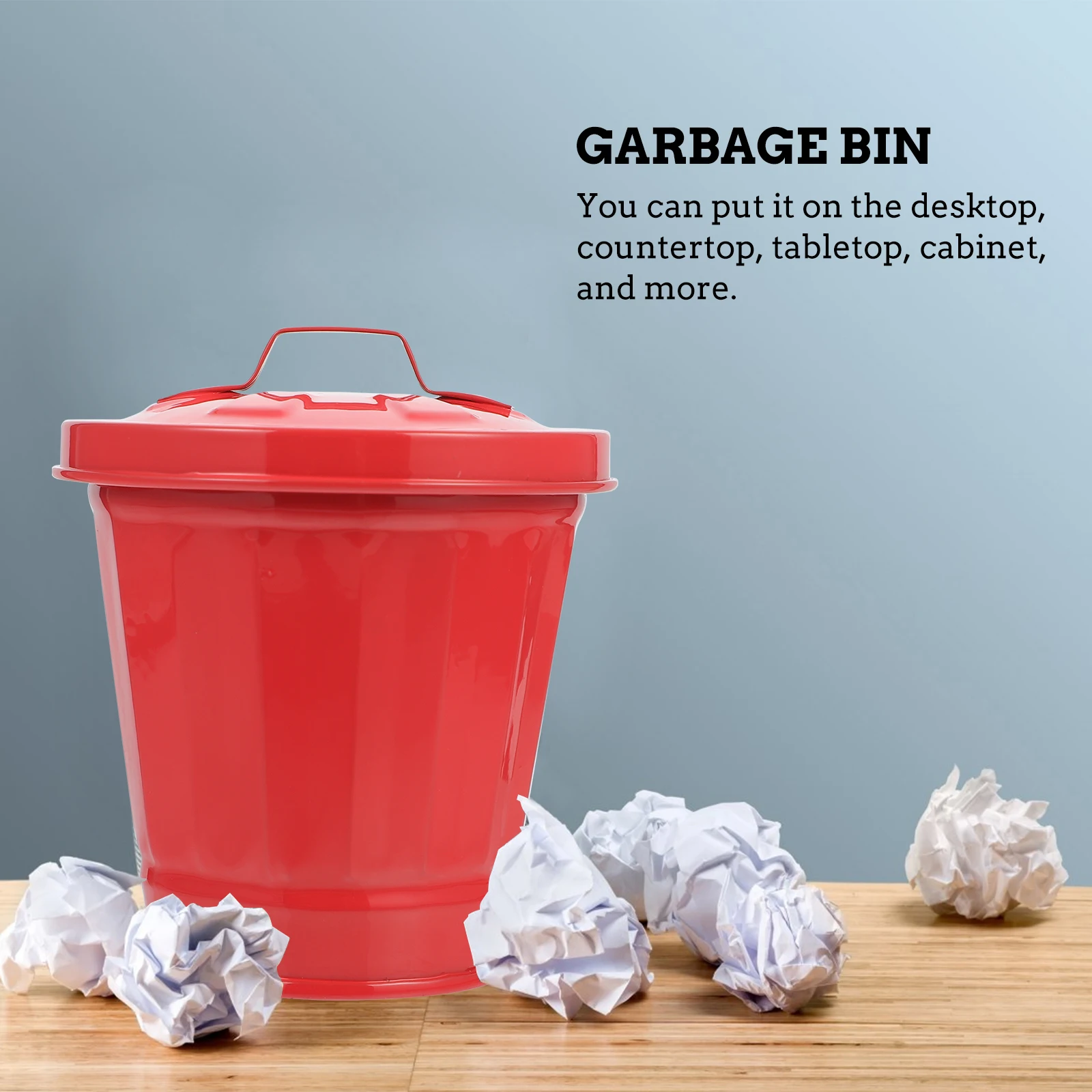 

Red Desktop Trash Can Lid Mini Garbage Bin Iron Flower Pot Storage Container Creative Office Decor