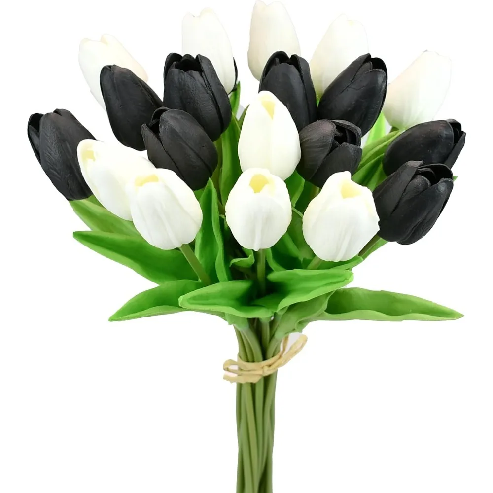 

20 стеблей искусственных тюльпанов, черно-белые искусственные цветы из искусственной кожи длиной 13,5 дюймов для свадебного домашнего декора
