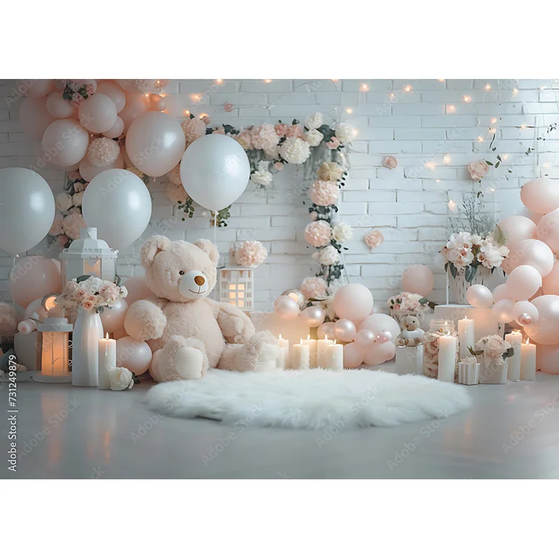 Różowy Niedźwiedź Cyfrowe Tło na Tort Urodzinowy Smash Studio Fotografia Tła z Pastelowym Różowym Tłem Gwiazdy TD-01