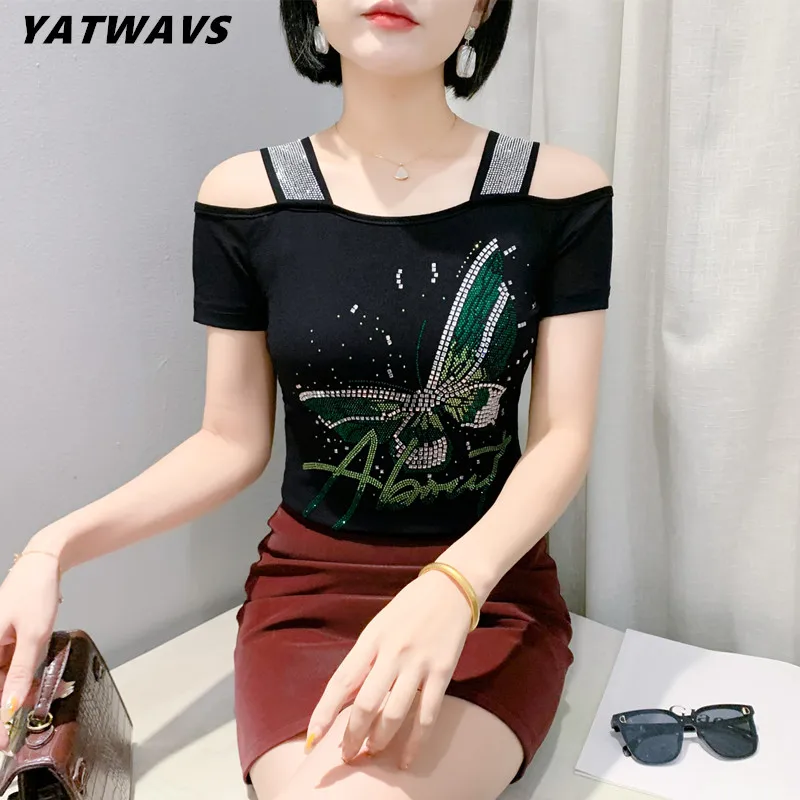 2025 Classic New Women's Shiny Hot Diamonds T-Shirts Chic Girl Sexy Off Shoulder Tees Summer Short Sleeve Slim Mesh Tops Shirts