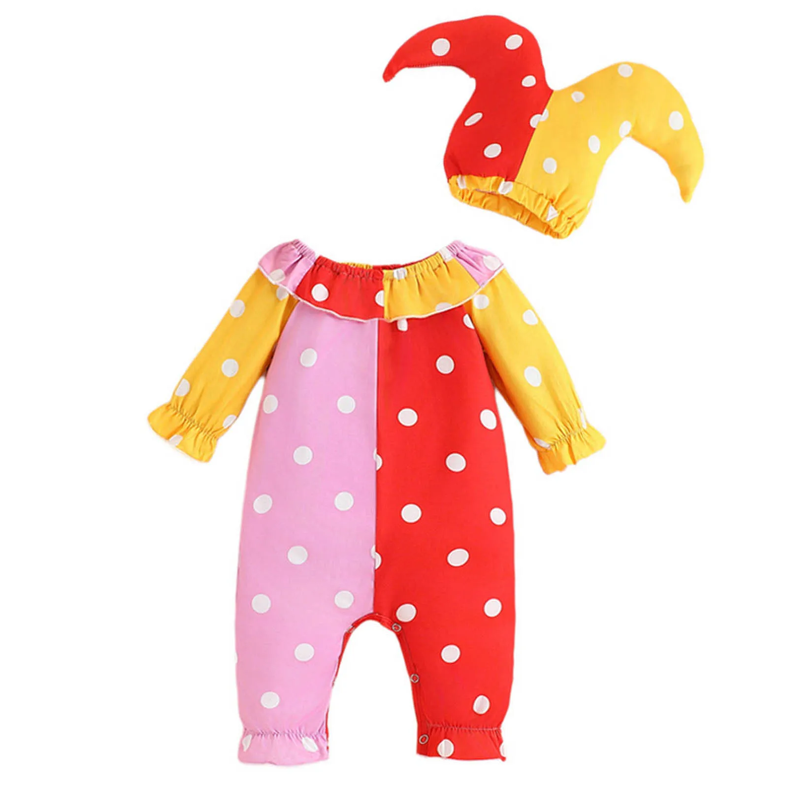 Baby Halloween Funny Clown Cosplay Costume Long Sleeve Contrast Color Joker Romper with Hat for Carnival Theme Party Photography