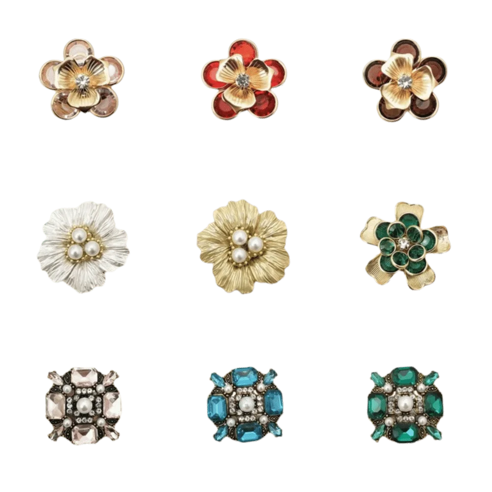 Hochwertige Blumen-Strass-Kragenknöpfe, abnehmbare dekorative Knöpfe ohne Nähen, Vintage-Perlenknöpfe – Detail 2