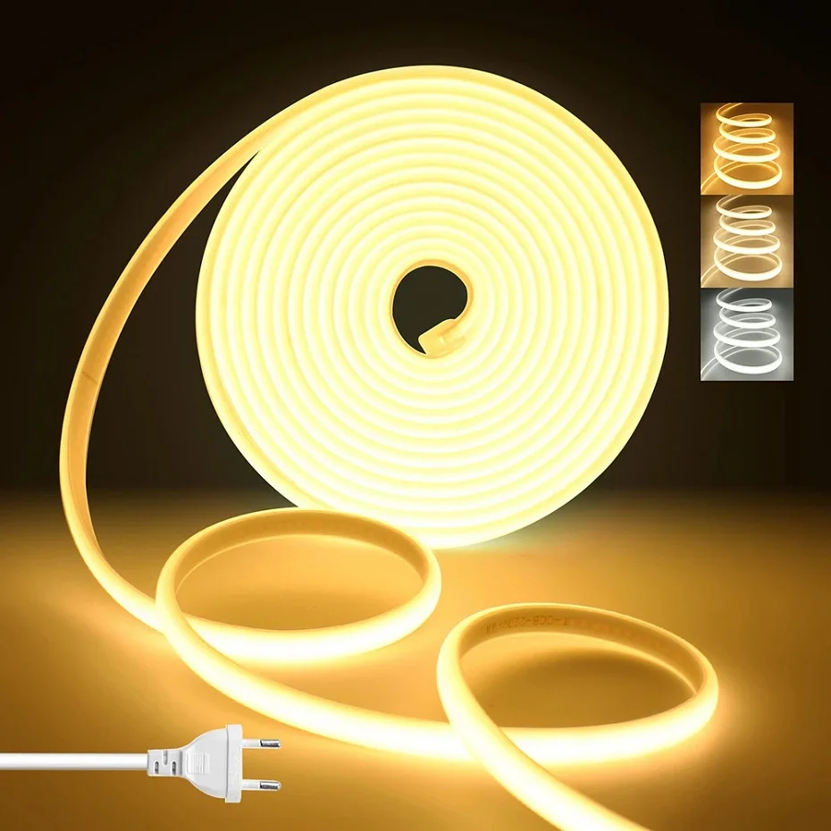 

1-50M AU EU Plug 220V COB LED Strip Light with ON/OFF Switch Led Neon Lights Ribbon Waterproof Flexible Tape Home Decoration