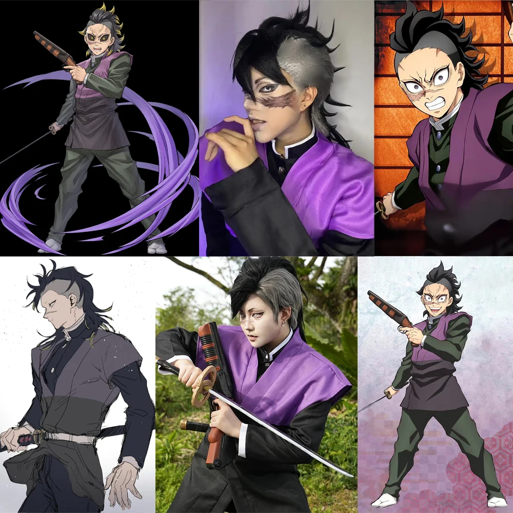 Anime Shinazugawa Genya cosplay synthetic hair mohawk ombre hairstyle suitable for men's themed parties stage performances wig