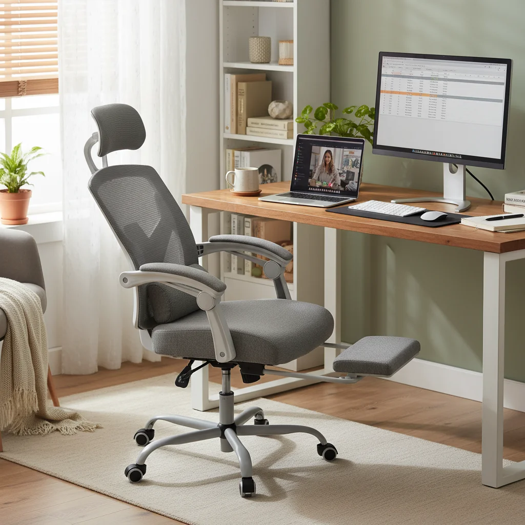 Эргономичное офисное кресло с высокой спинкой и подставкой для ног, вращающееся настольное кресло с откидной сеткой, подголовником и поясничной опорой, серый