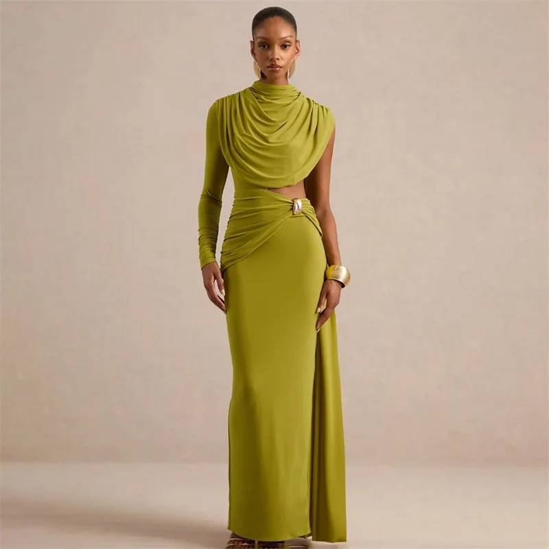 fall-solid-color-high-neck-prom-dress-draped-cutout-waist-cape-sleeve-mermaid-party-gown-backless-slim-fit-banquet-evening-robe