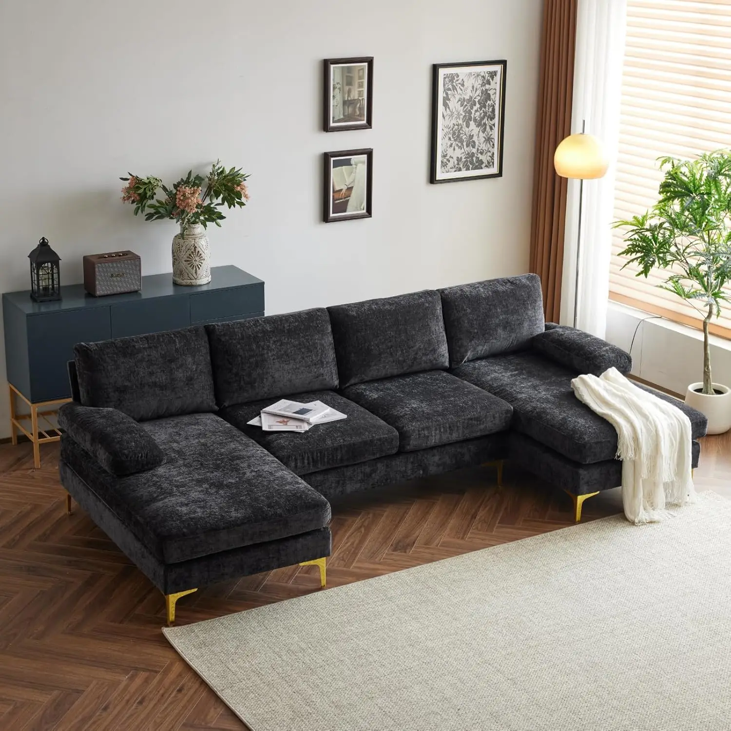 

110" Convertible Sectional Sofas ,with Chaise, Upholstered 4 Seater Couch, Living Room Sofas