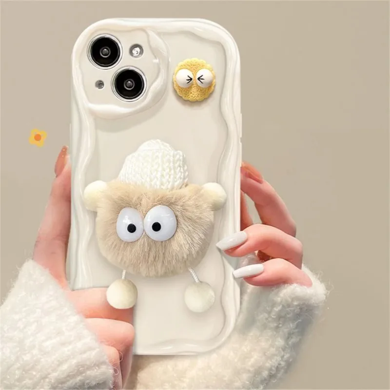 Korean Cute 3D Fluffy Briquettes Phone Case For iphone 15 14 13 12 11 Pro MAX X XS XR 7 8 Plus SE 3 Girl Wavy Soft Plush Cover