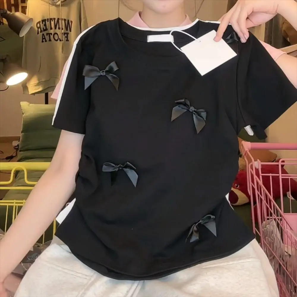 Fashion Ballet Bowknot T Shirts Short Sleeve Round Collar Women Top Solid Color Japanese Style Ribbon Crop Tank Top Women Girl