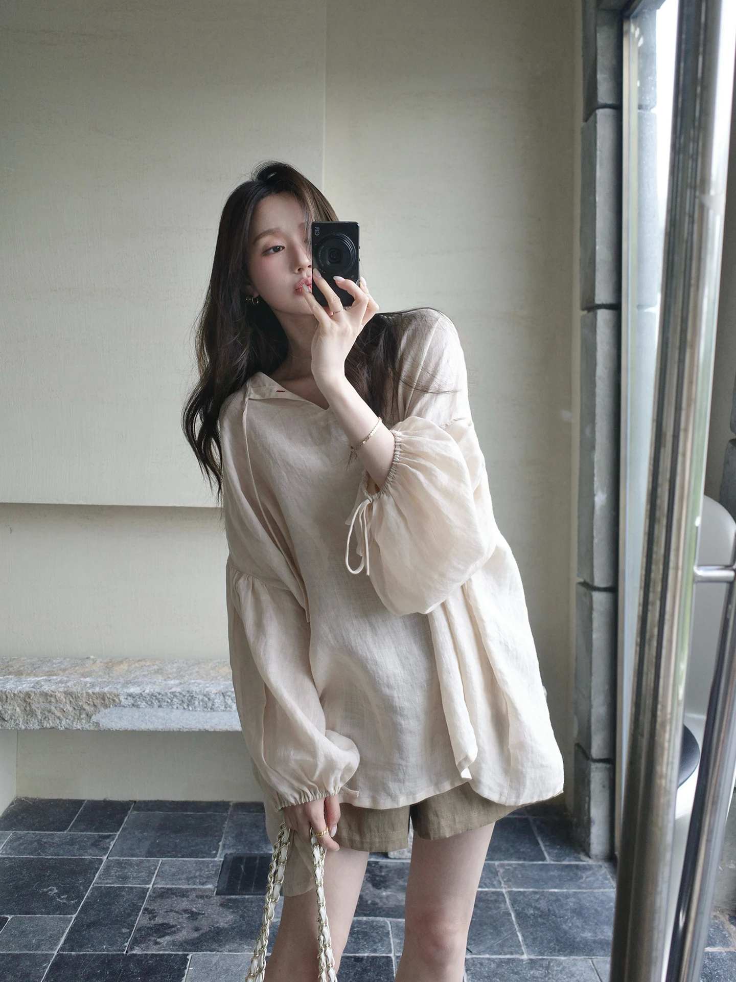 

Camelux l Flax Air irt Lantern Sve Wind Weave Two-Way Wear Casual Loose Fit Long Sve round Ne Breathable Summ...