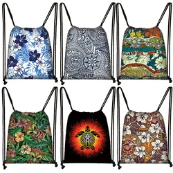 Polynesian Traditional Tribal Print Backpack Hawaiian Turtle Drawstring Bags Women Storage Bag for Travel Shoes Holder Book Bags