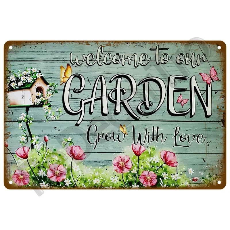 Letrero de estaño Vintage con flores y pájaros, placa de Metal para coche, cartel de bienvenida, decoración de pared para