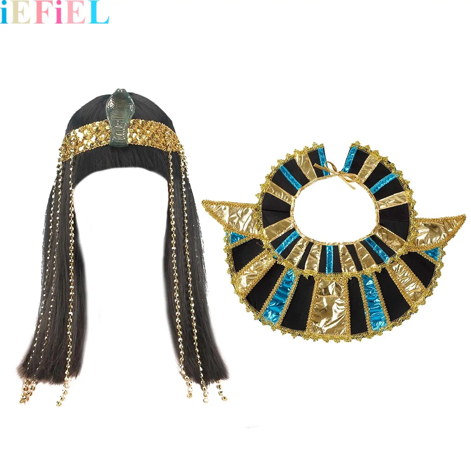 

Cleopatra Egyptian Queen Wigs Fringe Beads Snake Headband Blunt Bangs Straight Hair Wig Neck Collar Halloween Cosplay Accessory