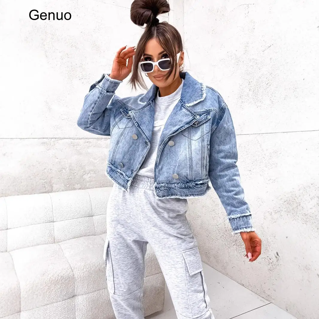 2026 Women Cropped Denim Jacket Lapel Raw Edge Washed Loose Long Sleeve Jean Coat Casual Street Outerwear