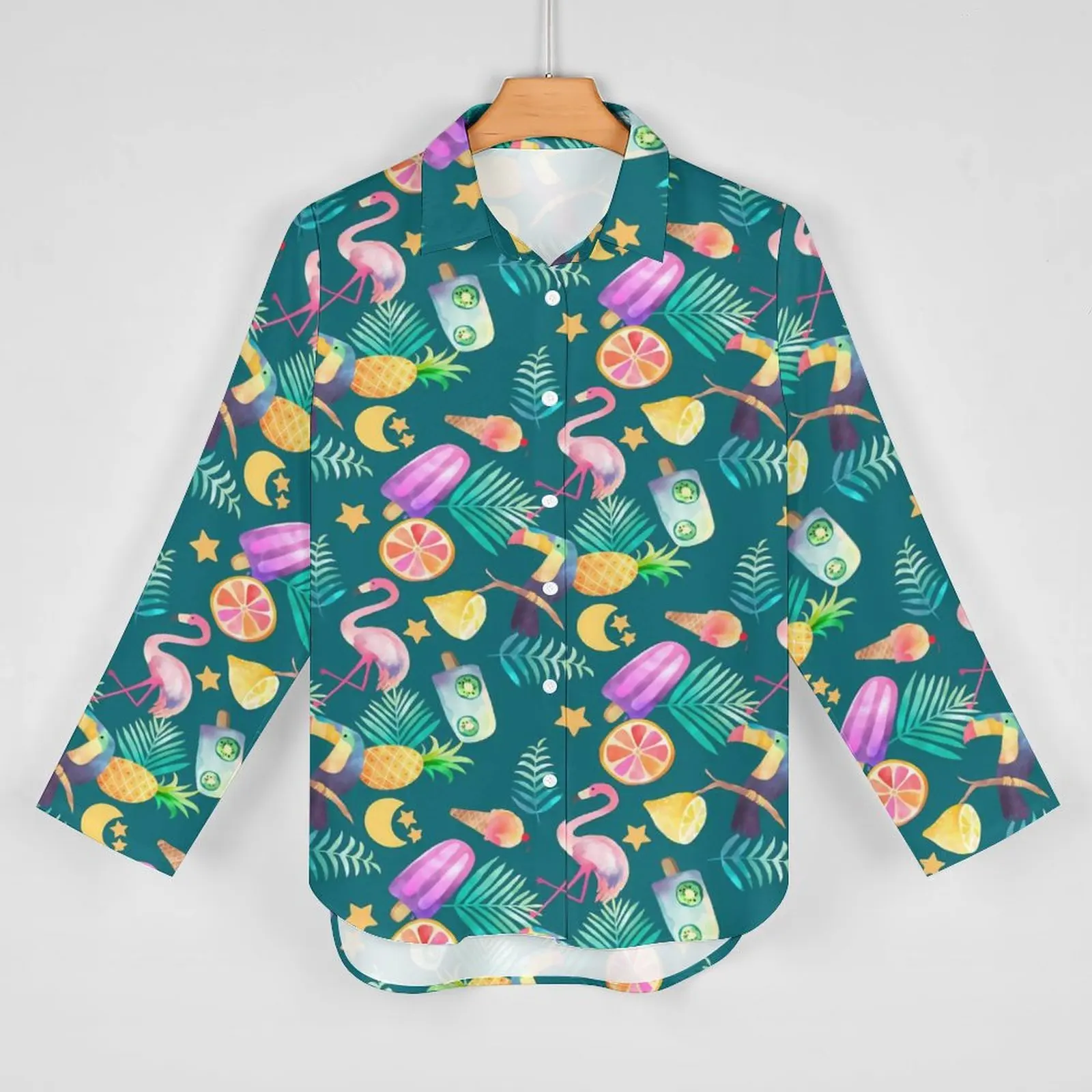 Fun Tropical Birds Casual Blouse Long Sleeve Green Leaf Print Modern Blouses Womens Basic Oversize Shirts Design Top Gift Idea